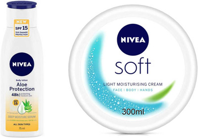 NIVEA Soft cream and Aloe protection lotion With spf15 Set of 2(375 ml)