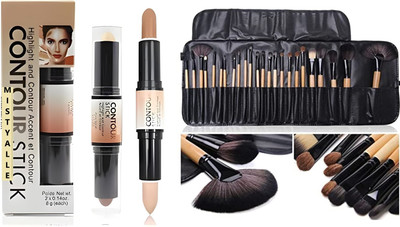MISTY ALLE Two 2 in 1 contour highlighter stick with 1pack 24 pc brushes(3 Items in the set)