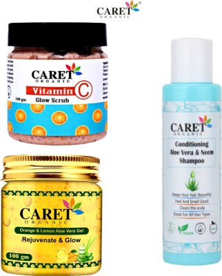 Caret Organic Vitamin C Glow Scrub And Orange Lemon Aloevera Gel & Neem Aloevera Shampoo(3 Items in the set)