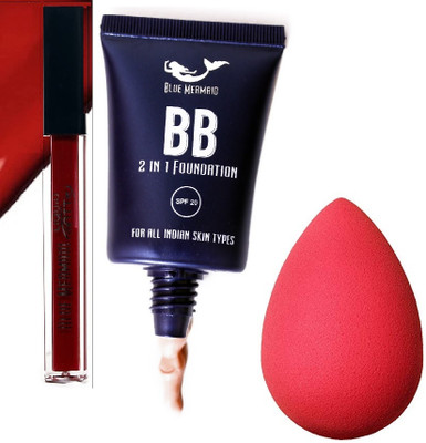 BLUEMERMAID PROFESSIONAL BLUE MERMAID LIPSTICK WITH LIQUID FOUNDATION & MAKEUP BLENDER(3 Items in the set)