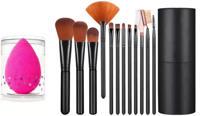 SUBHMUN MULTI Makeup Foundation Brushes Barrel Set of 12 with Storage Box (BLACK)(2 Items in the set)