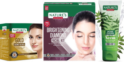 Nature's Gold Cream Bleach (43g) Brightening Diamond Facial Kit (60g) Acne Clear Neem Face Wash (50ml)(3 Items in the set)