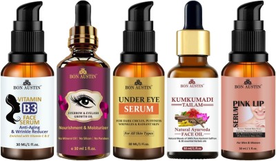 Bon Austin Vit-B3 Serum,Eyebrow Growth Oil, Under Eye Serum, Kumkumadi Tailam & Pink Lip Serum (Each, 30ml)(5 Items in the set)