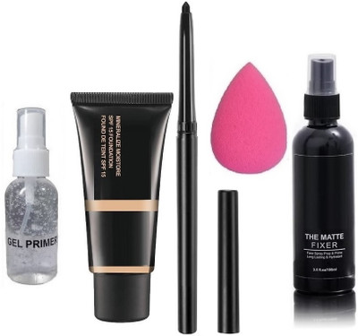 SEUNG BEST COMBO KIT PRIMER FOUNDATION BLACK CRAYON KAJAL MAKEUP FIXER & BEAUTY BLENDER(5 Items in the set)