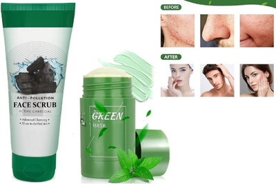 REIMICHI ACTIVATED CHARCOAL FACE SCRUB WITH GREEN MASK STICK FOR SKINCARE COMBO(2 Items in the set)