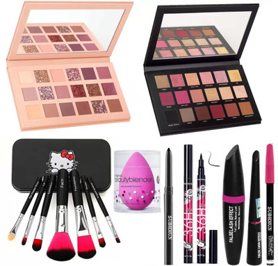 SUBHMUN Kajal & Puff & 3in1 36H Black Eyeliner l & Glazed Eyeshadow , 7pc Makeup Brush & Rose Gold Palette(7 Items in the set)