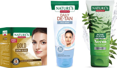 Nature's Gold Cream Bleach (43g) Daily De-Tan Gel Face Wash (50ml) Acne Clear Neem Face Wash (50ml)(3 Items in the set)