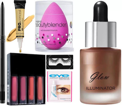 SUBHMUN Pink Edition 4 Lipsticks & Puff & False Eyelash Pair Glue & Yellow Concealer Corrector(6 Items in the set)