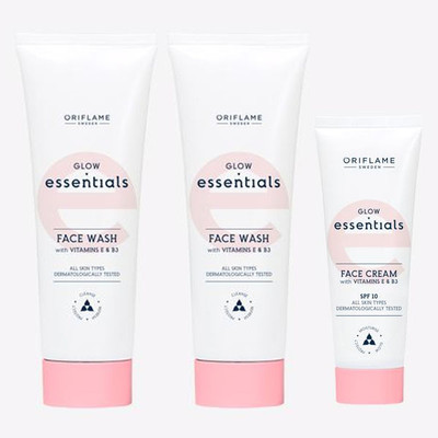 Oriflame ESSENTIALS Glow Essentials Face Wash with Vitamins E & B3 125 ml (pack of 2) , Face Cream with Vitamins E & B3 SPF 10 50 ml(3 Items in the set)