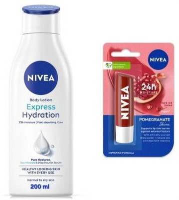 NIVEA EXPRESS HYDRATION BODY LOTION 200 ML & POMEGRANATE SHINE LIP BALM 4.8G(2 Items in the set)
