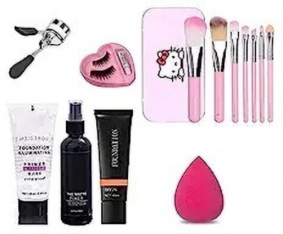 ahdam pink color hello kitty makeup brush set,Makeup fixer,foundation,primer,Eyelashes curler glue,1 Makeup sponge(7 Items in the set)