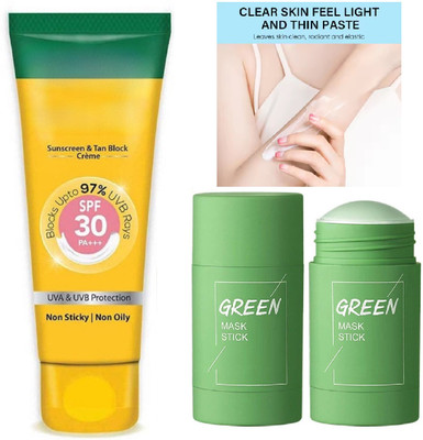 HUZURLU Green Mask Stick for Blackheads Removal with SPF 30 PA+++ Sunscreen & Tan Block Cream(2 Items in the set)