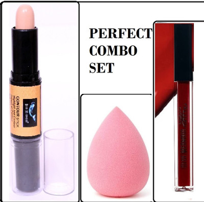 BLUEMERMAID RED MATTE LIPSTICK WITH CONCEALER STICK & SPONGE FOR FACE MAKEUP(3 Items in the set)