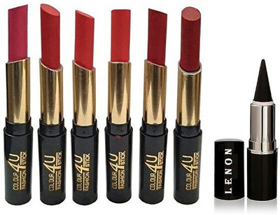 Lenon Beauty Color 4 U Moisturzing Matte & Shiny Rich Col Lipstick Pack Of 6 & Black Kajal(7 Items in the set)