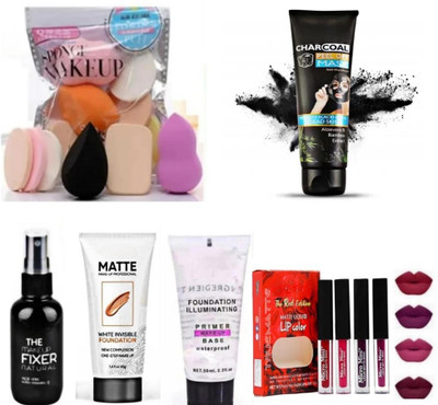 Earthcon FOUNDATION PUFF FAMILY PACK RED LIPSTICK CHARCOAL FIXER PRIMER(6 Items in the set)