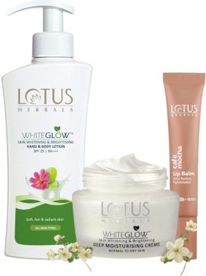 LOTUS HERBALS Whiteglow Skin Brightening Hand & Body Lotion & WhiteGlow Skin Deep Moisturising Cream WITH Café Mocha Lip Balm with SPF 15(3 Items in the set)