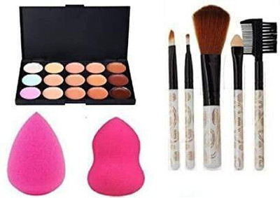Lenon Beauty 15 Colors Contour Concealer Palette + 5 pcs Makeup Brush + 2 pc Blender Puff Combo(3 Items in the set)