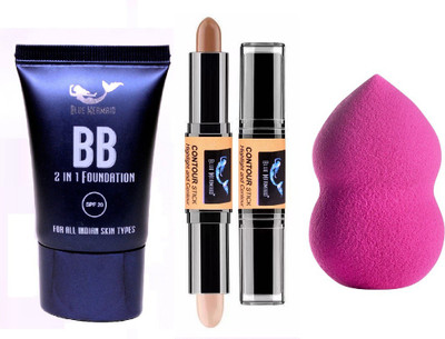 BLUEMERMAID PERFECT LOOK CONTOUR STICK+ BLENDER+ BB FOUNDATION COMBO(3 Items in the set)