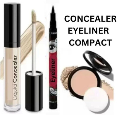 Earthcon Best face makeup combo liquid concelear ,black eyeliner or compact pack of 3(3 Items in the set)
