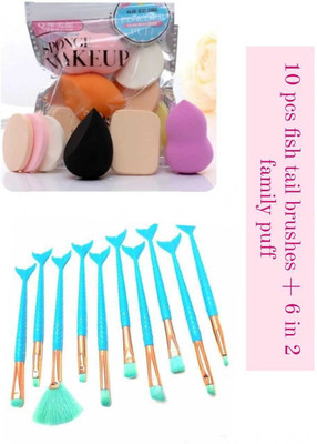 asija makeovers Best Mermaid Fish Tail Makeup Brushes Set 10 Pieces with 6in2 family puff.(16 Items in the set)