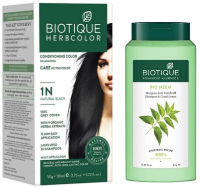BIOTIQUE Conditioning Hair Color 1N Natural Black & Neem Shampoo 340 ML  (2 Items in the set)