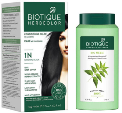BIOTIQUE Conditioning Hair Color 1N Natural Black & Neem Shampoo 340 ML (2 Items in the set)