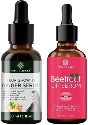 Pink Square Hair Growth Ginger Serum - Reduce Hair Fall & Beetrooth Lip Serum (Each,30ml)(2 Items in the set)