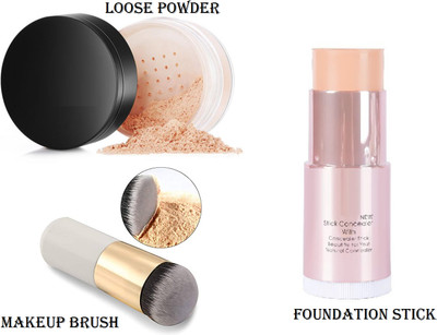 KAIASHA Professional Matte Finish Loose Powder Compact & Makeup Brush and foundation stick for Girl & Women(3 Items in the set)