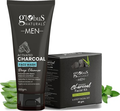 Globus Naturals Charcoal Men Face Wash 100gm & Facial Kit Combo 40gm Anti Pollution Formula(2 Items in the set)