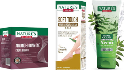 Nature's Diamond Cream Bleach (43g)Soft Touch Hair Removal Cream Gold (50g)Acne Clear Neem Face Wash (50ml)(3 Items in the set)