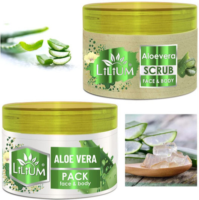 LILIUM Aloe Vera Scrub & Face Pack | Enriched With Jojoba Oil & Almond Oil(2 Items in the set)