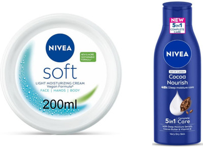 NIVEA Cocoa Nourish Lotion 200ml & Soft Light Moisturizer Cream 200ml (Pack of 2)(400 ml)