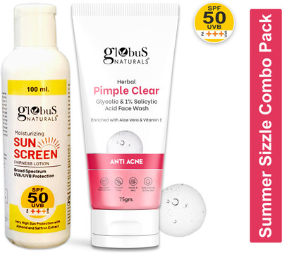 Globus Naturals Summer Sizzle Set - Sunscreen Lotion SPF 50++ 100 ml & Herbal Pimple Clear Face Wash 75 gm(2 Items in the set) Globus Naturals Summer Sizzle Set - Sunscreen Lotion SPF 50++ 100 ml & Herbal Pimple Clear Face Wash 75 gm(2 Items in the set)