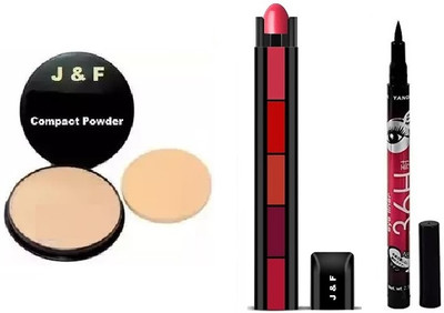 J & F Face Compact Powder, 5 in 1 Red Lipstick,Eyeliner(3 Items in the set)