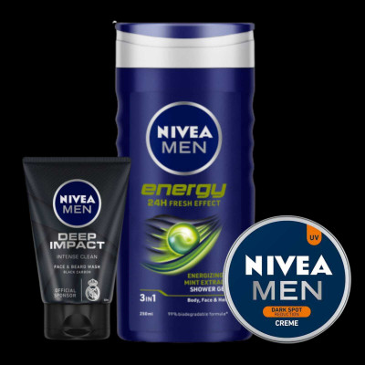 NIVEA Energy 250ml Sg Deep Impact Black 100ml fw and DSR Creme 30ml Set of 3pcs(3 Items in the set)
