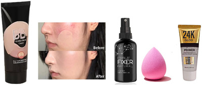 nn Makeup combo Foundation, Primer,Beauty blender & Makeup Fixer Long Lasting Easy To Use(4 Items in the set)
