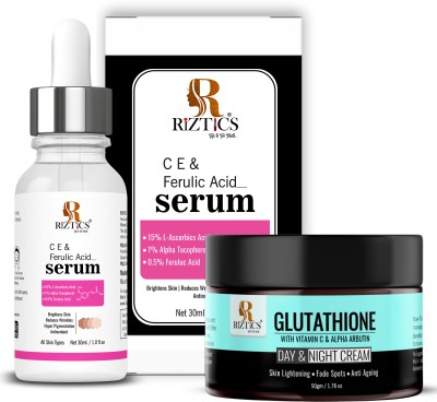 R RIZTICS Glutathione Cream for Skin Lightening | Vitamin CE Serum with Ferulic Acid for Skin Brightening & Boost Collagen(2 Items in the set)