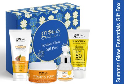 Globus Naturals Summer Glow Essentials Gift Box Set of 4- Vitamin C Face Wash, Vitamin C Scrub, Vitamin C Serum & Sunscreen(4 Items in the set)