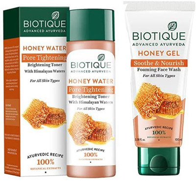 BIOTIQUE Honey Water Pore Tightening Toner, 120ml & Bio Honey Gel Face Wash for All Skin Types, 100ml(2 Items in the set)
