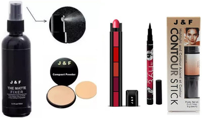 J & F Face Compact,5 in 1 Red Lipstick,Fixer, Eyeliner, Contour Stick(5 Items in the set)