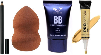 BLUEMERMAID CONCEALER +FOUNDATION + BLACK PENCIL + MAKEUP BLENDER COMBO(4 Items in the set)