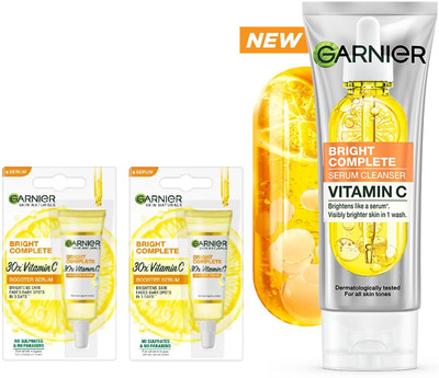 Garnier Men 2pcs Bright Complete Vitamin C 30x Booster Serum-7ml+ Cleanser Serum Face Wash-100g(2 Items in the set)