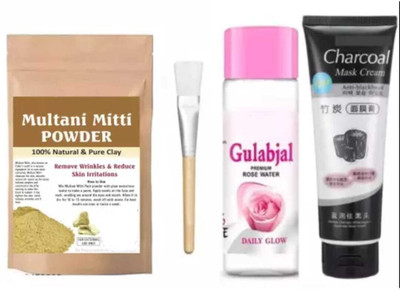 GROOVS Face Pack Mitti 200g+ Rose water 120 ml+ Face Pack Brush With Charcoal Face Mask Combo offer(3 Items in the set)