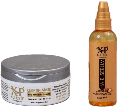 XCLUSIF PROFESSIONAL Keratin + Smoothening Mask 300 ML + Hair Serum(Argan & Moroccan Oil) 100 ML | For Men & Women(2 Items in the set)