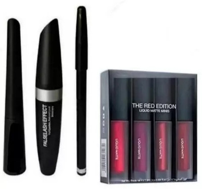 GROOVS 3 IN1 MASCARA ,KAJAL , EYEBROW PENCIL + 4 IN1 LIPSTICK ( 2 ITEM IN SET )(7 Items in the set)