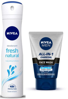 NIVEA FRESH NATURAL DEODORANT SPARY & ALL IN ONE CHARCOAL FACE WASH 100 ML(2 Items in the set)