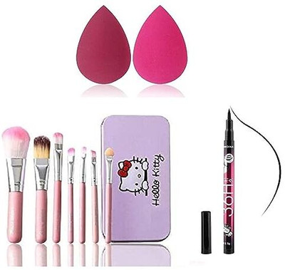 angelie Kitty 7 Pink Makeup Brushes Set with Storage Box for Makeup with 1 Eyeliner and 2 Beauty Blenders(10 Items in the set)