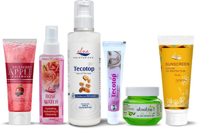 Alna Care Mulberry apple Face wash + Rose water + Tecotop Moisturizer + Tecotop scar Cream + Alnalite-T Aloe Gel + Sunscreen Lotion Spf30+(6 Items in the set) Alna Care Mulberry apple Face wash + Rose water + Tecotop Moisturizer + Tecotop scar Cream + Alnalite-T Aloe Gel + Sunscreen Lotion Spf30+(6 Items in the set)