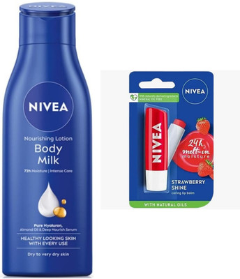 NIVEA Bodymilk 200ml lotion & Strawberry Lipbalm Set of 2(2 Items in the set)