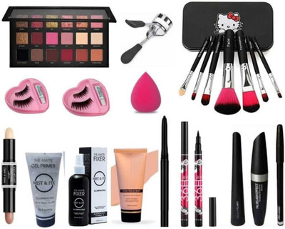 mkldsrh rose gold eyeshadow with make up brushes blenders curler eyelash contour primer fixer foundation 36 h kajal eyeliner mascara(21 Items in the set)